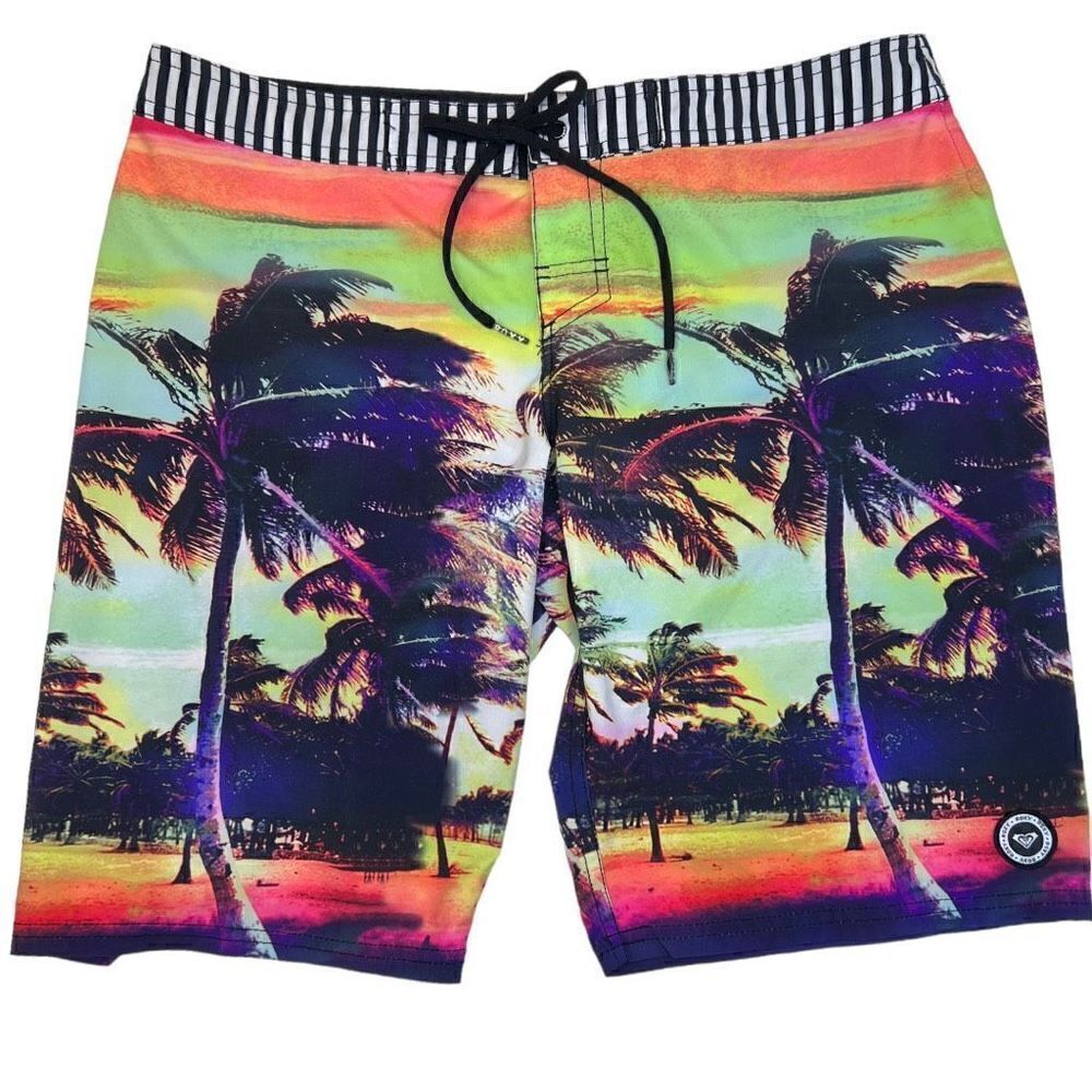 Roxy Mens Palm Tree Print Swim Board Shorts Multicolor Tropical Size Medium